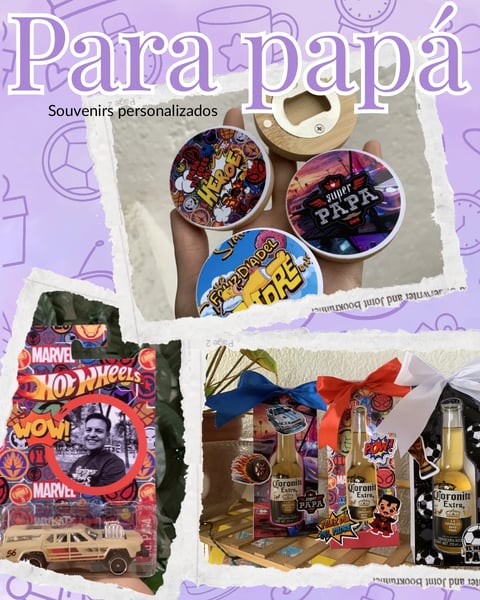 Para Papá personalized souvenirs collection display featuring mugs, toy car, and decorative beer bottles with comic and Marvel themed designs