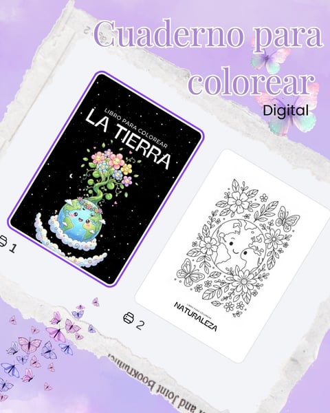 Digital coloring book featuring Earth illustration and nature scene designs on purple background with decorative elements
