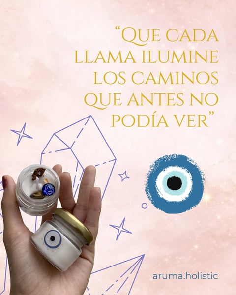 Hand holding two crystal jars with evil eye symbols against pink background with Spanish inspirational quote and geometric designs