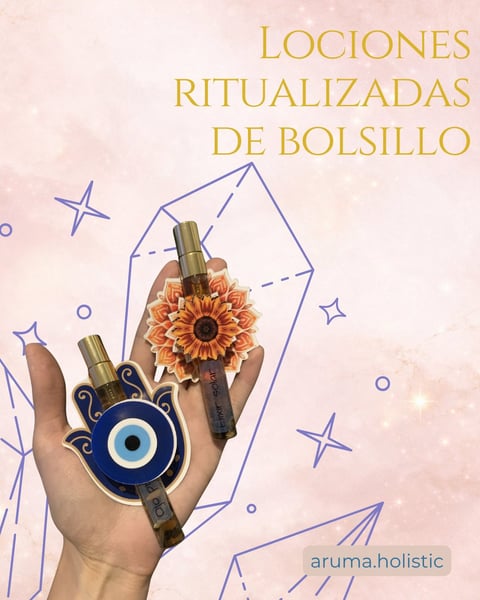 Hand holding a blue evil eye amulet, an orange flower, and ritual items. Text reads Lociones Ritualizadas de Bolsillo with decorative stars and geometric shapes on a beige background