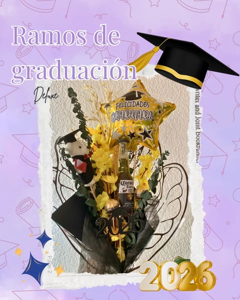 Graduation party poster with graduation cap, gold star, champagne bottle, and decorative elements on purple background with year 2026