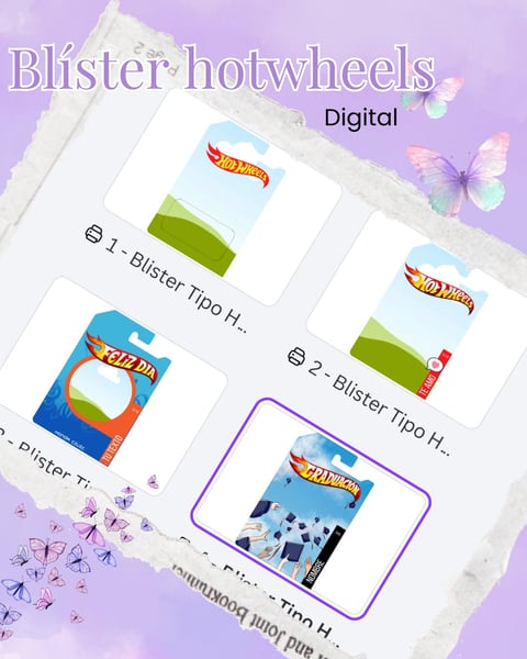 Digital product layout showing three Blister Hotwheels packaging designs labeled Tipo H, displayed on purple background with decorative butterflies