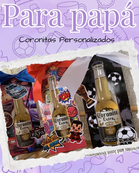 Personalized coronita beer gift sets with colorful themed bags featuring comic pop art and soccer designs