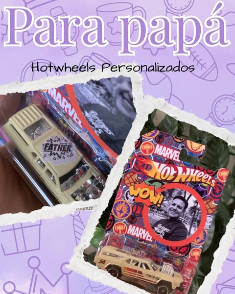 Para Papa personalized Hot Wheels promotional graphic displaying collectible die-cast cars with Marvel packaging on purple background