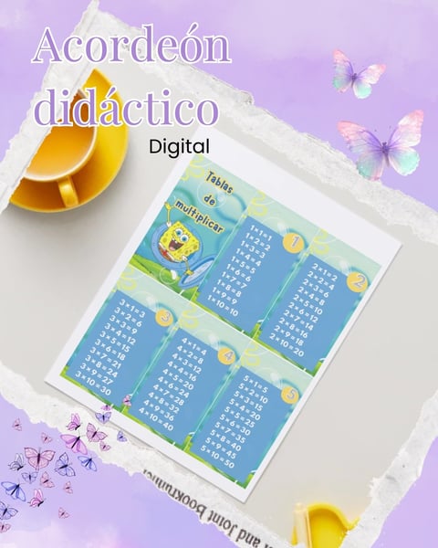 Digital educational accordion with multiplication tables displayed on blue cards, decorated with yellow butterflies and lemon slices on purple background