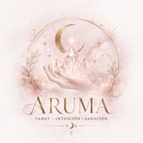 Aruma tarot intuition sanacion logo featuring a hand holding crystals with crescent moon and stars on soft pink background