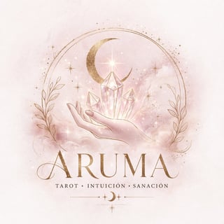 Aruma tarot intuition sanacion logo featuring a hand holding crystals with crescent moon and stars on soft pink background
