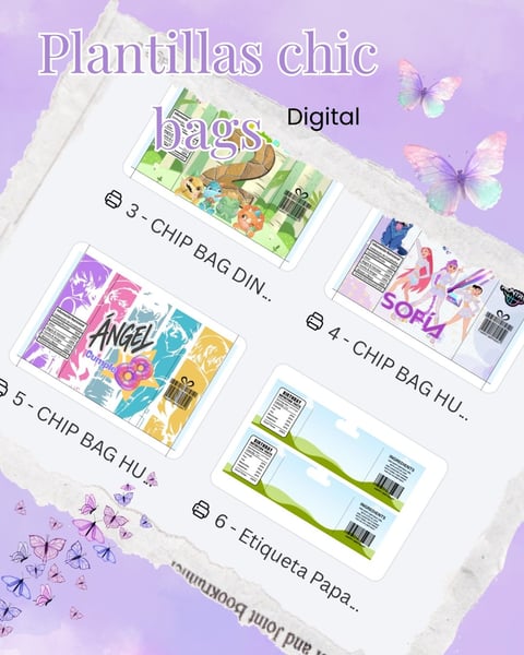 Plantillas chic digital bags collection showing six numbered chip bag templates with colorful designs on purple background with butterflies