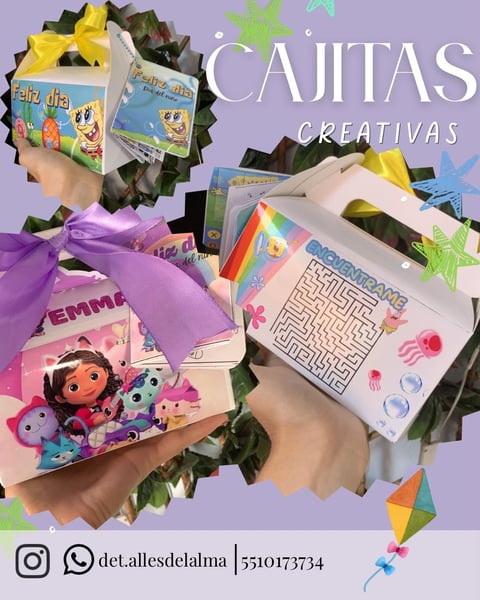 Colorful creative gift boxes and activity sets with children's toys, books, and puzzle games displayed against a purple background with decorative elements