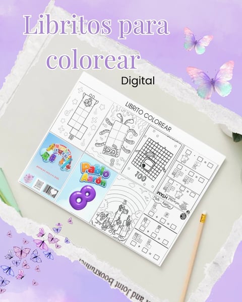 Digital coloring books in Spanish displayed on white surface with purple butterfly decorations and art supplies