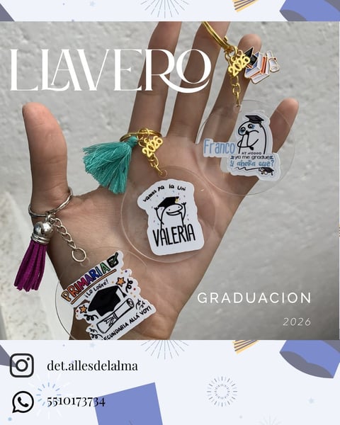 Hand displaying custom keychains and charms for graduation 2026, featuring tassels, gold accents, and personalized designs with Valeria name