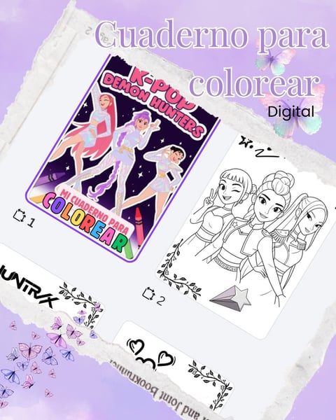 Digital coloring book pages displayed on purple background with decorative elements and text reading Cuaderno para colorear