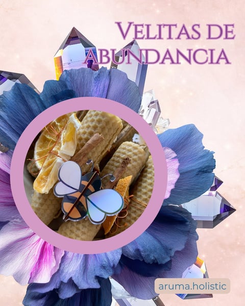 Artistic poster for Velitas de Abundancia featuring purple flowers framing a circular image of candles and crystals